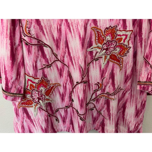Soft Surroundings Altea Pink Tie Dye Floral Embroidered V Neck Blouse Tunic XL - Picture 7 of 12